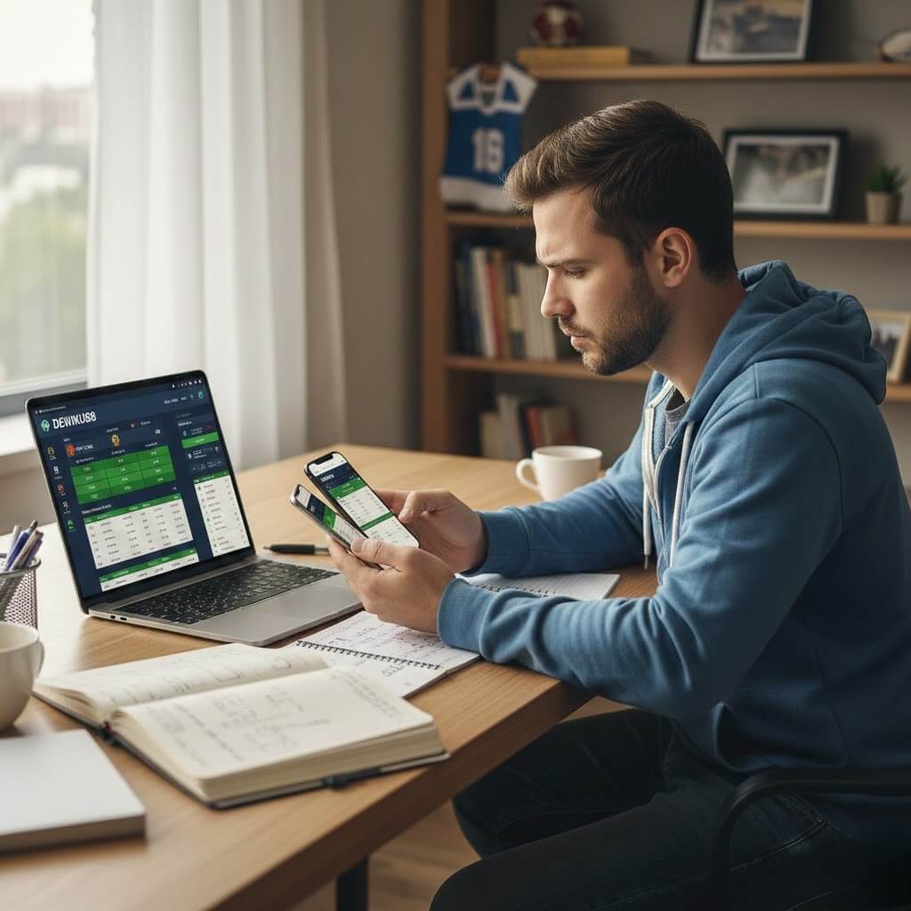 Pemain sportsbook profesional di Dewiku88 sedang menganalisis statistik tim, odds live, dan strategi taruhan di laptop dan smartphone