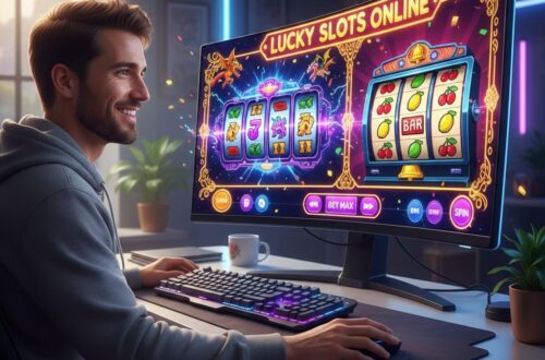 Pemain membandingkan slot 3D dan slot klasik di layar komputer, menikmati bonus dan fitur menarik di 12Hoki.