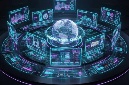 Ilustrasi hologram 3D futuristik menampilkan antarmuka data global dengan teks Pasaran Togel Lengkap di tengah, dikelilingi layar statistik digital